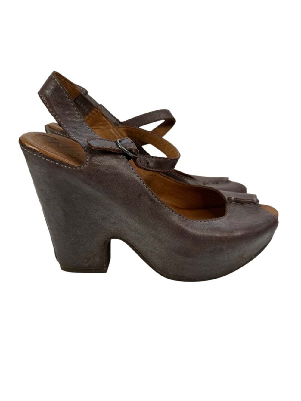 Naya Maeve Brown Leather Platform Wedge Slingback Peep Toe Sandals Womens 4.5